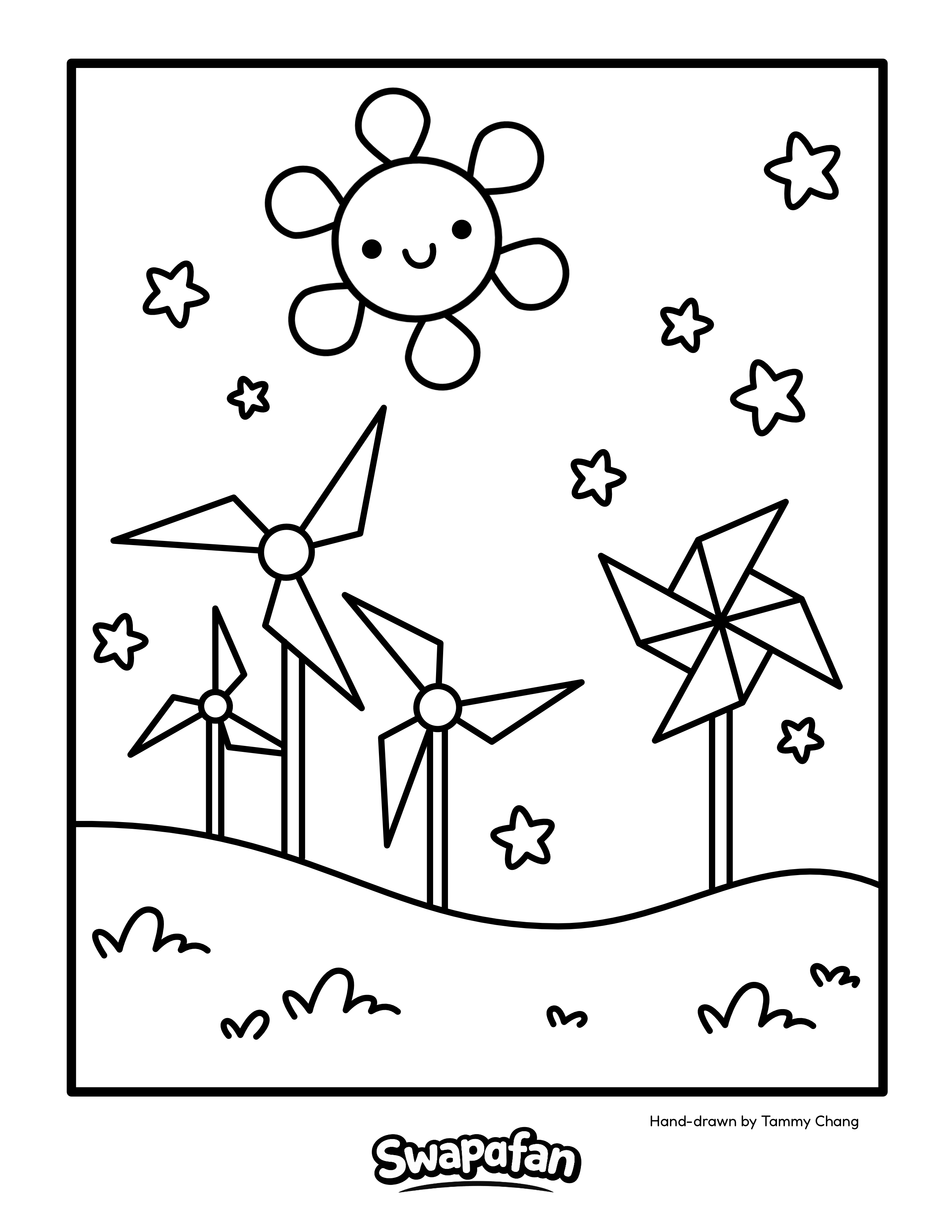 Swapafan coloring page with a smiling sun, stars, and windmills on a hill — hand-drawn by Tammy Chang