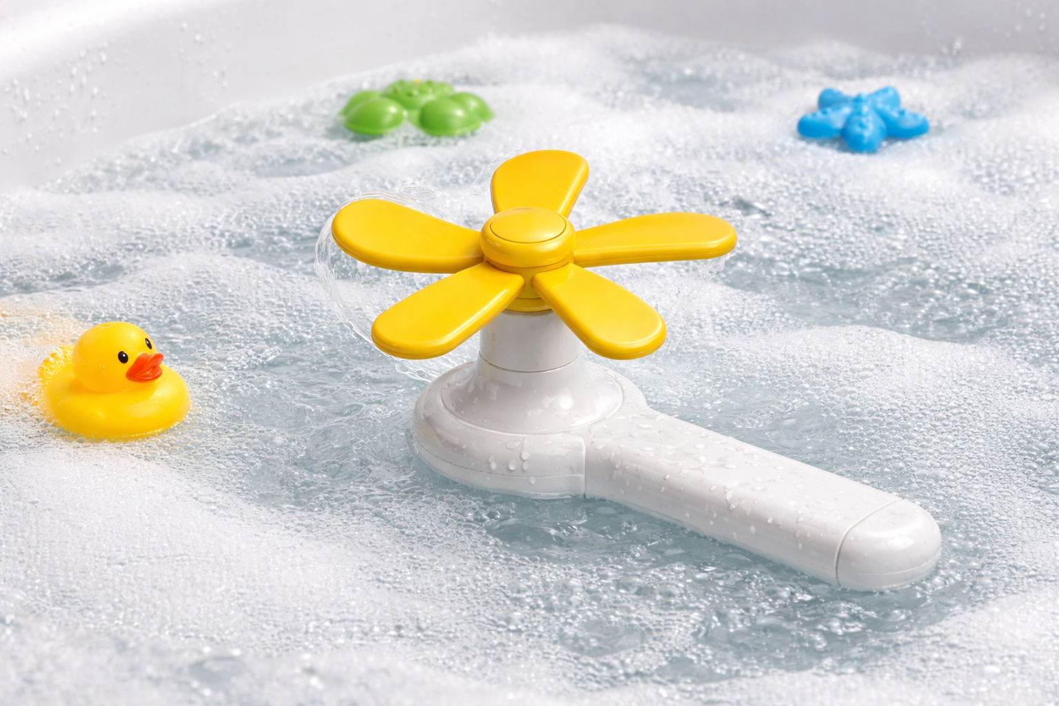 Swapafan floating in a bubbly bathtub with a rubber duck