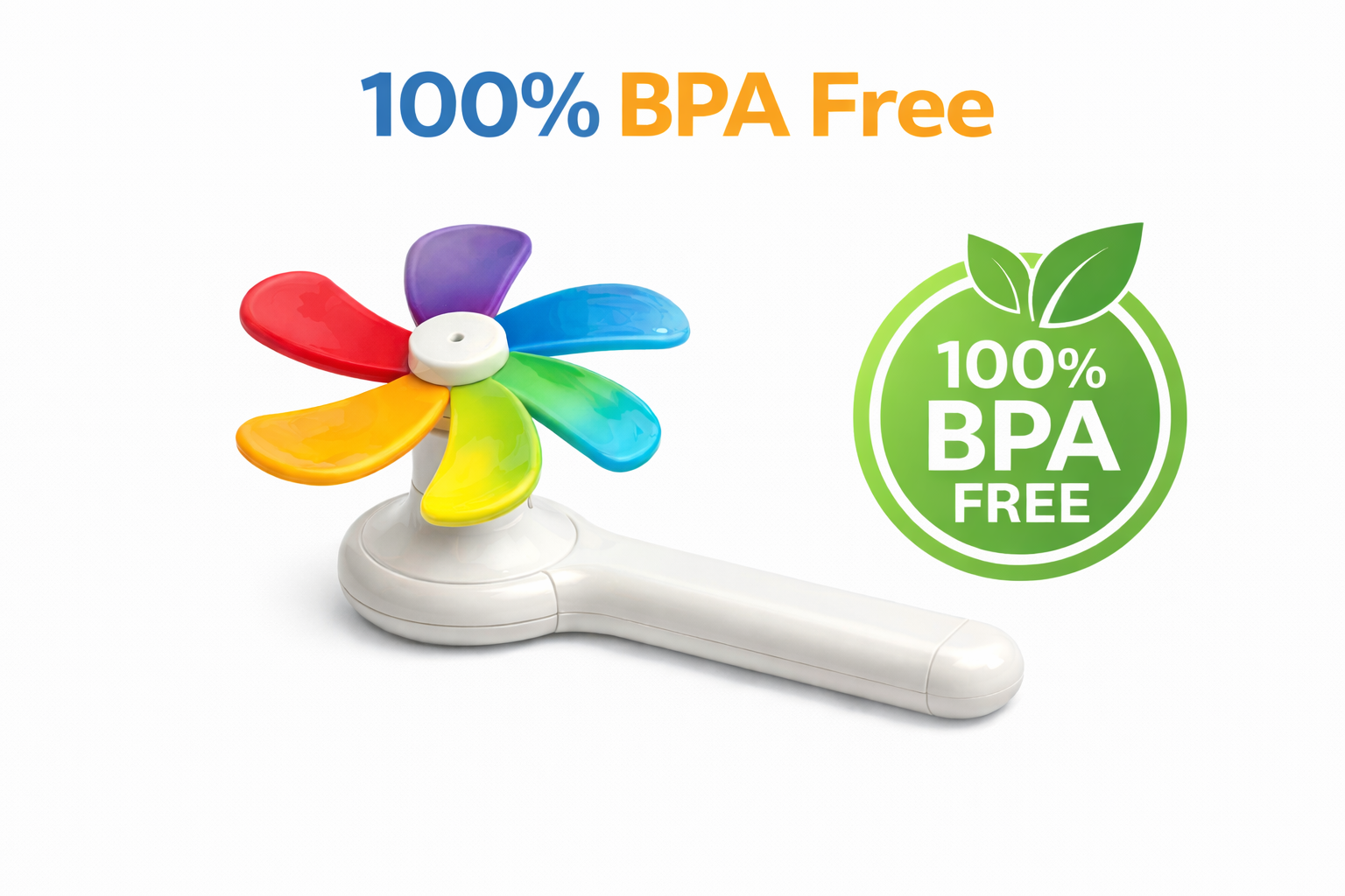 Colorful SwapAFan with rainbow blades and 100% BPA free badge