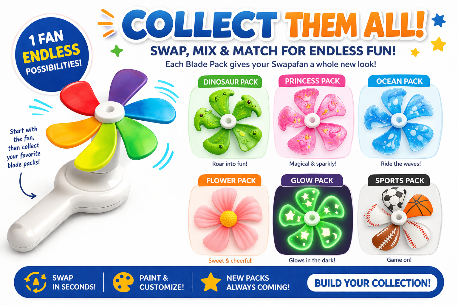 SwapAFan with interchangeable blade packs: dinosaur, princess, ocean, flower, glow, and sports themes