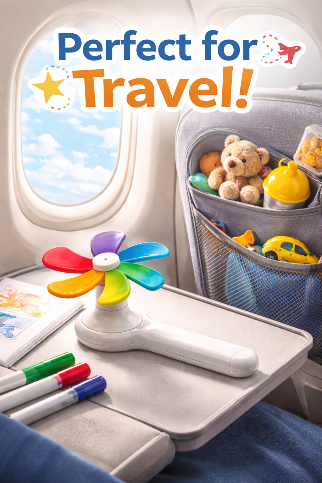 SwapAFan on an airplane tray table with coloring book and travel toys